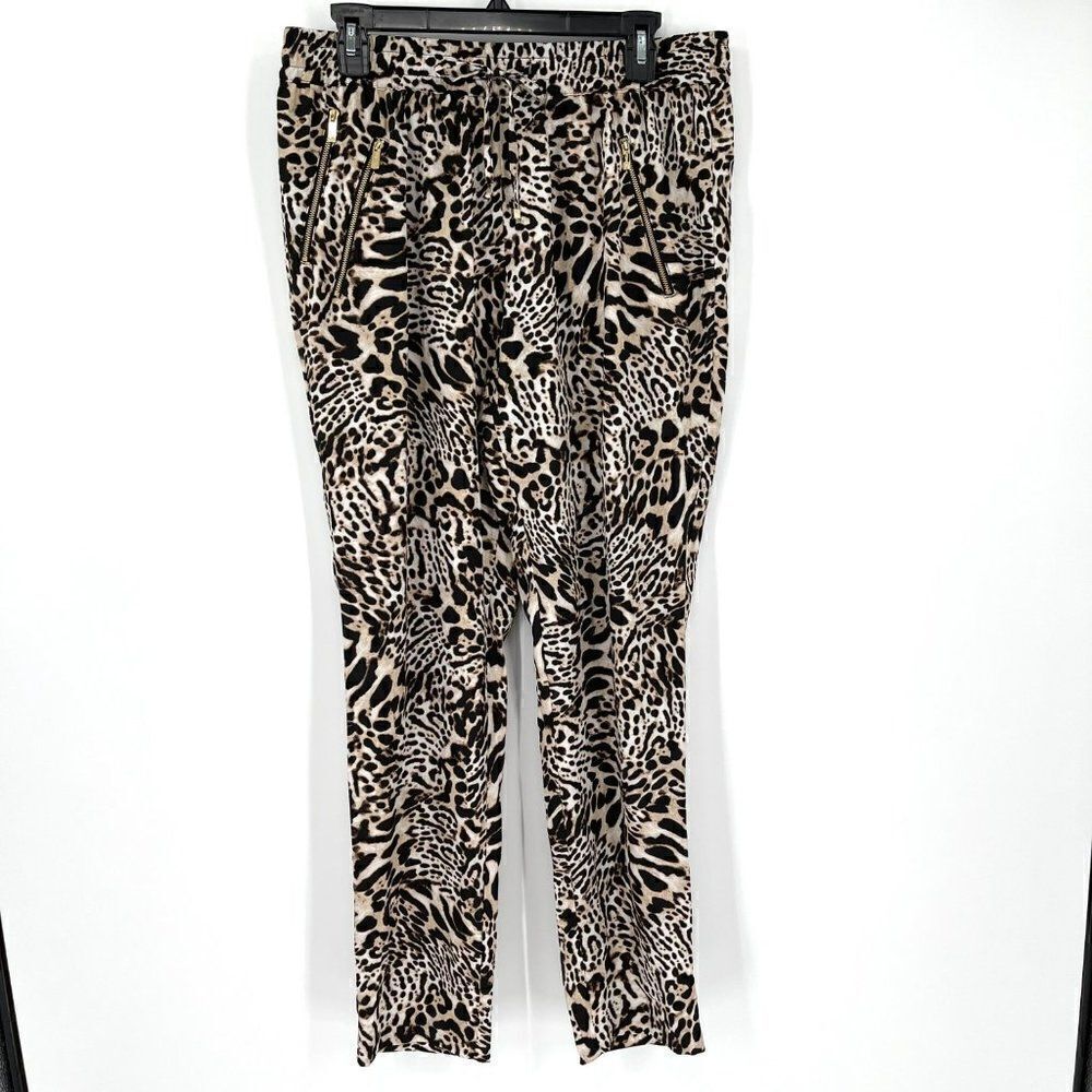 Calvin Klein Leopard Print Polyester Pants Lightweight High Rise Brown Medium